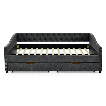 Upholstered Tufted Daybed With 2 Drawers, Waved Arms - The Sleep Loft - Online Mattress Showroom NYC