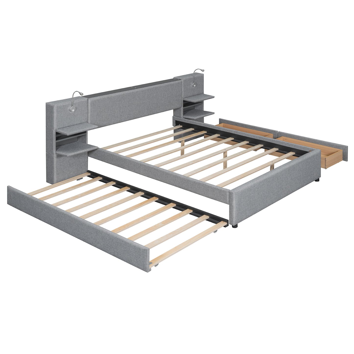 Upholstered Platform Bed With Reading Lights, Drawers, Trundle And Shelves - The Sleep Loft - Online Mattress Showroom NYC
