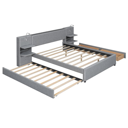 Upholstered Platform Bed With Reading Lights, Drawers, Trundle And Shelves - The Sleep Loft - Online Mattress Showroom NYC