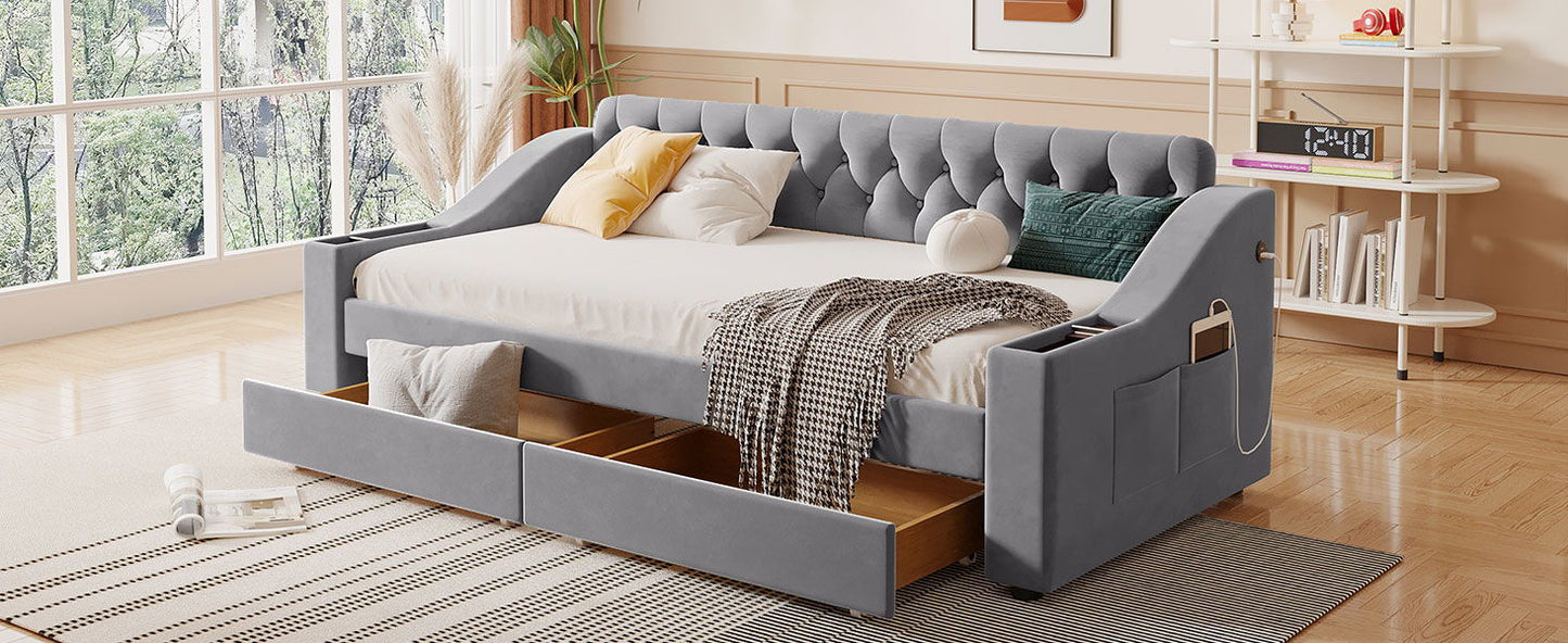 Upholstered Daybed With Storage Armrests And USB Port - The Sleep Loft - Online Mattress Showroom NYC