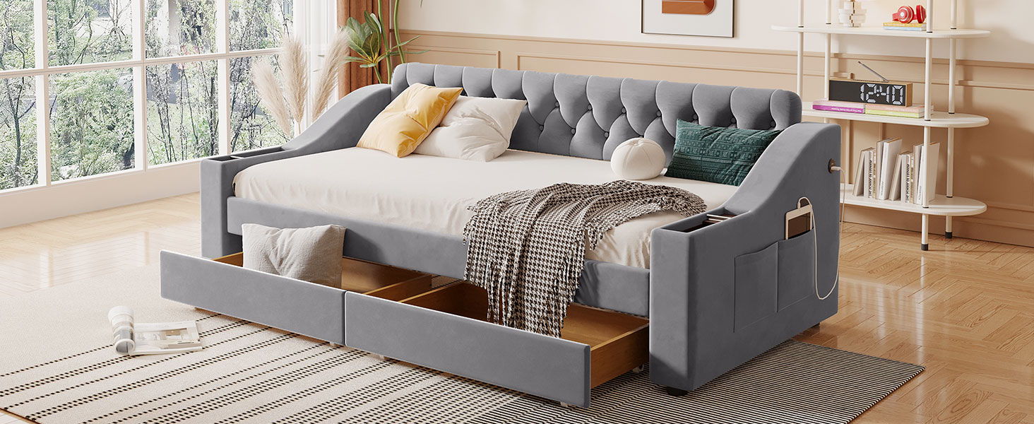 Upholstered Daybed With Storage Armrests And USB Port - The Sleep Loft - Online Mattress Showroom NYC