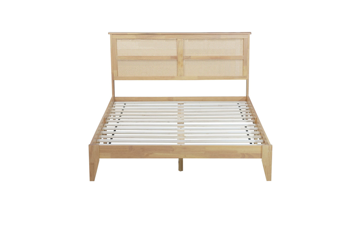 Queen Size Rubber Wooden, Solid Wooden Bed With Rattan Headboard, Enhanced By Support Feet - Natural - The Sleep Loft - Online Mattress Showroom NYC