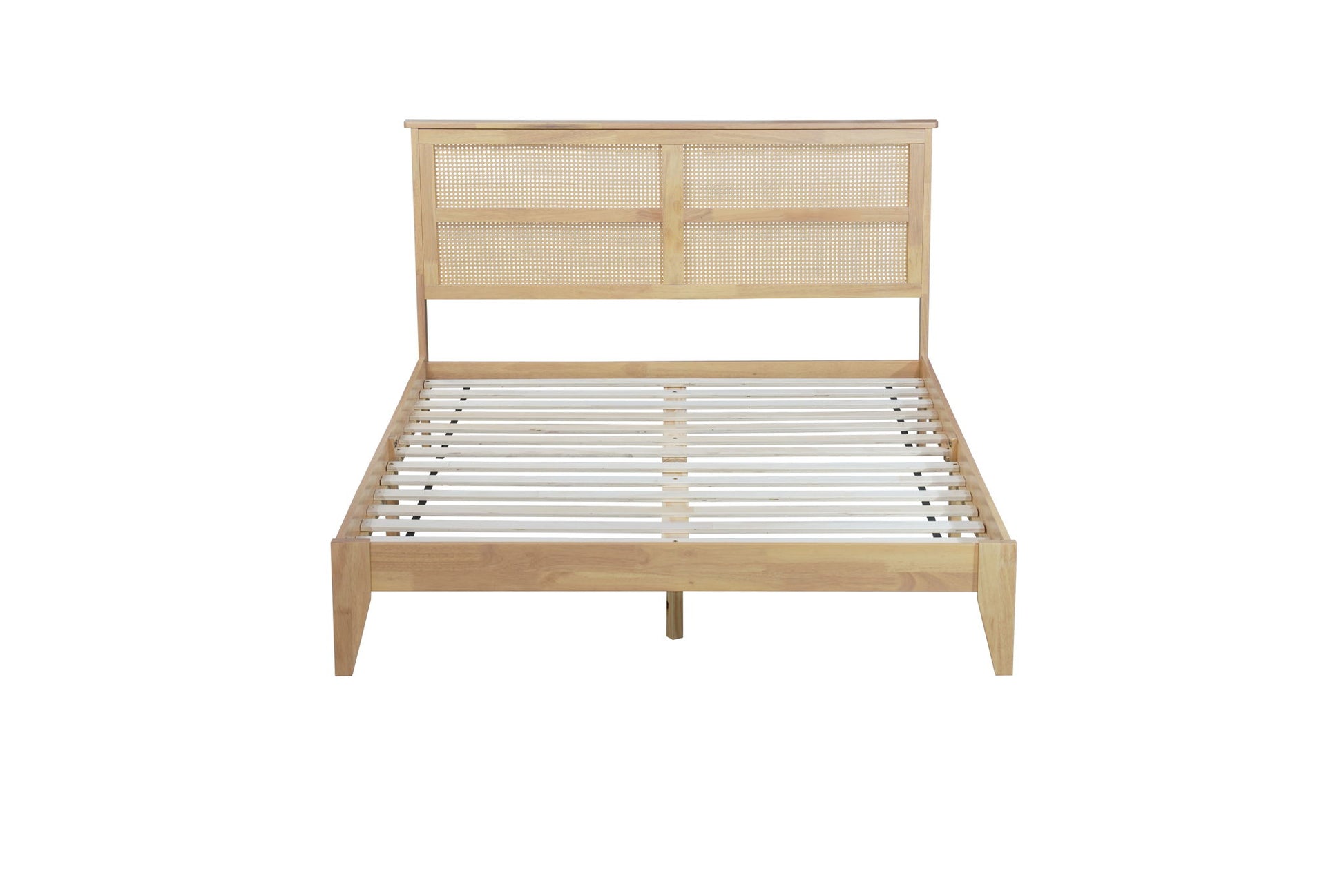 Queen Size Rubber Wooden, Solid Wooden Bed With Rattan Headboard, Enhanced By Support Feet - Natural - The Sleep Loft - Online Mattress Showroom NYC