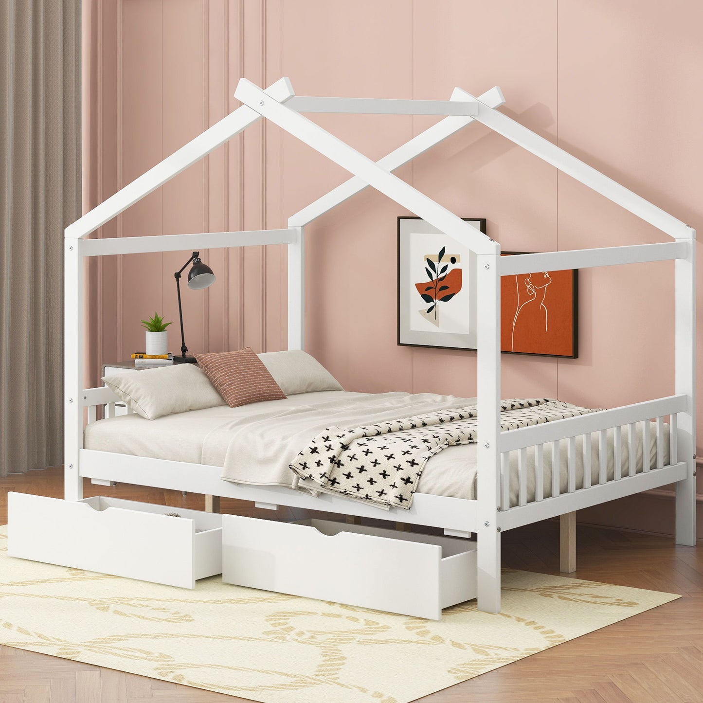 House Style Platform Bed With Headboard, Footboard, 2 Drawers, And Roof Design - The Sleep Loft - Online Mattress Showroom NYC