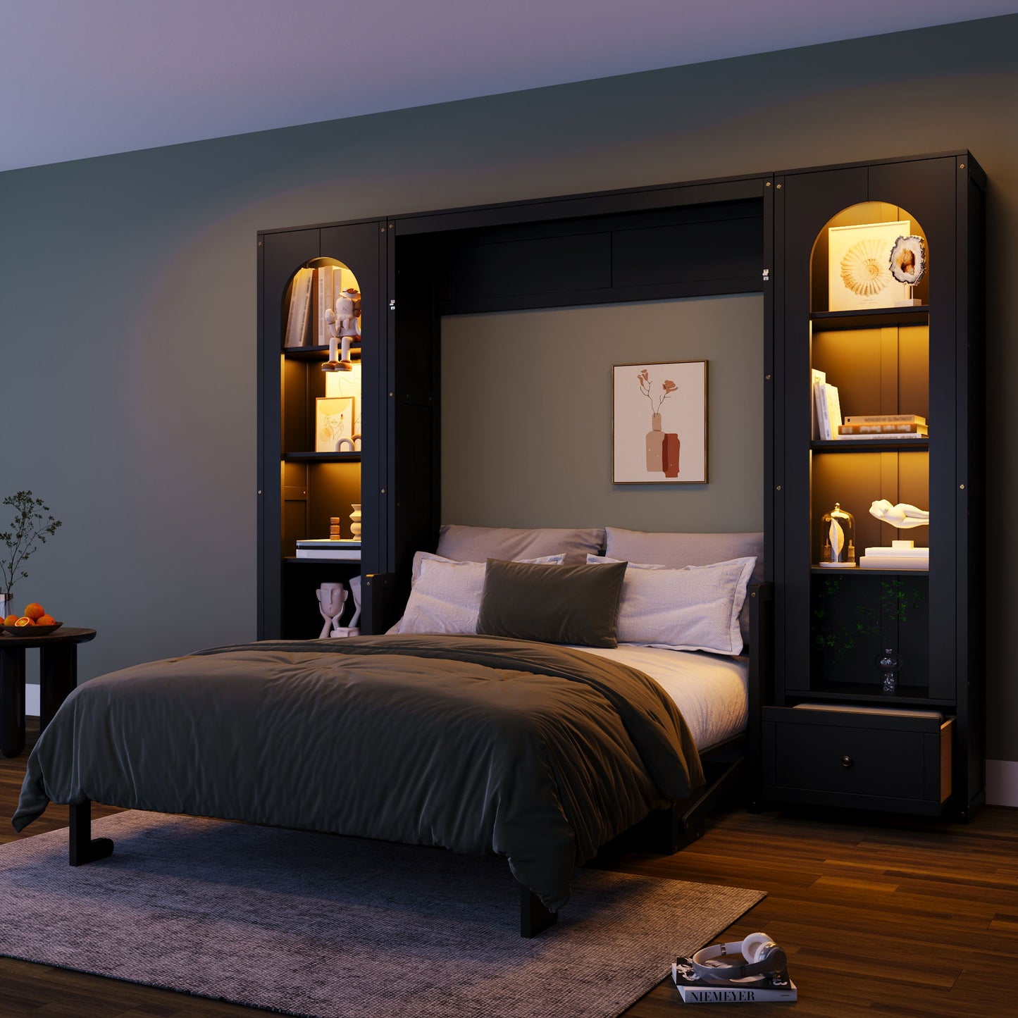 French Style Murphy Platform Bed With Shelf, Side Cabinets, Drawers And LED - The Sleep Loft - Online Mattress Showroom NYC