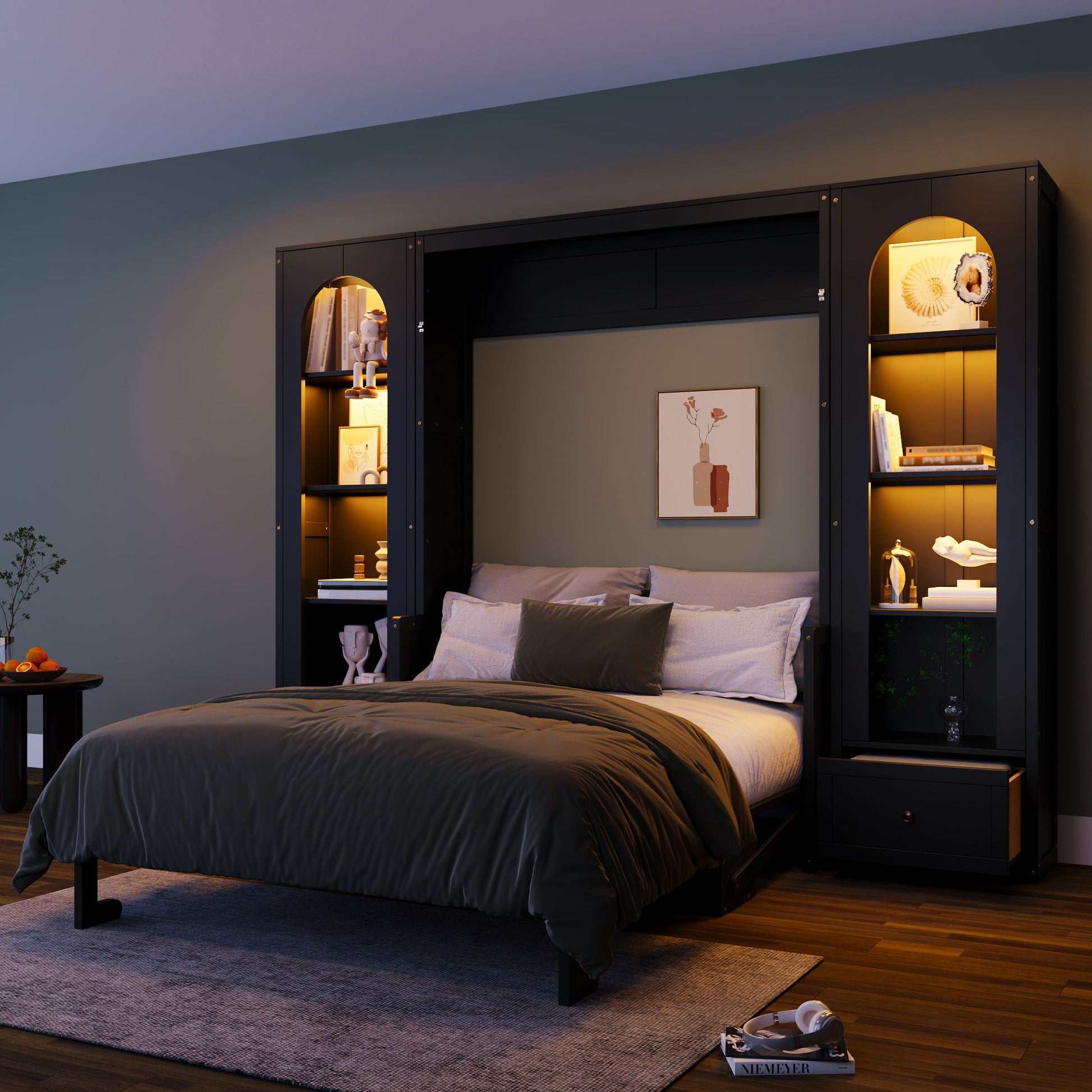 French Style Murphy Platform Bed With Shelf, Side Cabinets, Drawers And LED - The Sleep Loft - Online Mattress Showroom NYC