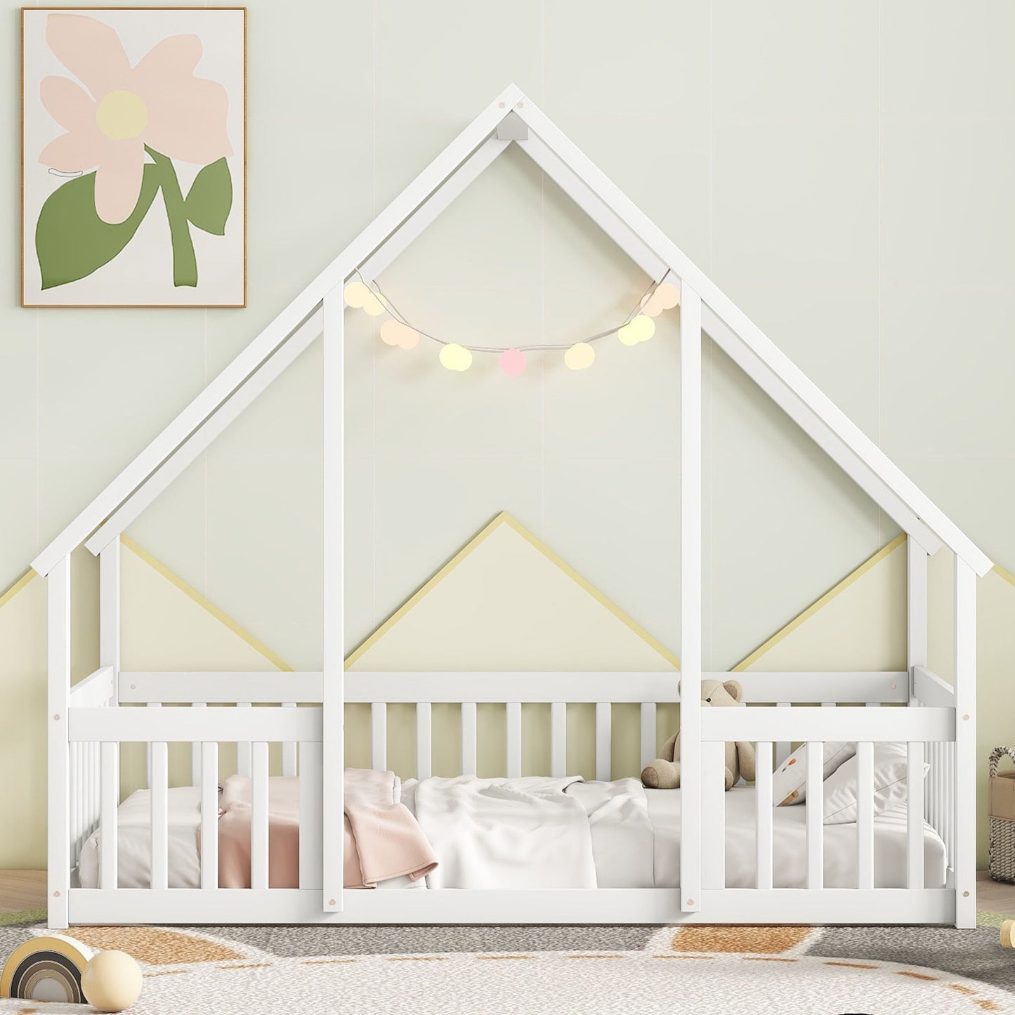 Wood House-Shaped Floor Bed With Fence, Guardrails - The Sleep Loft - Online Mattress Showroom NYC
