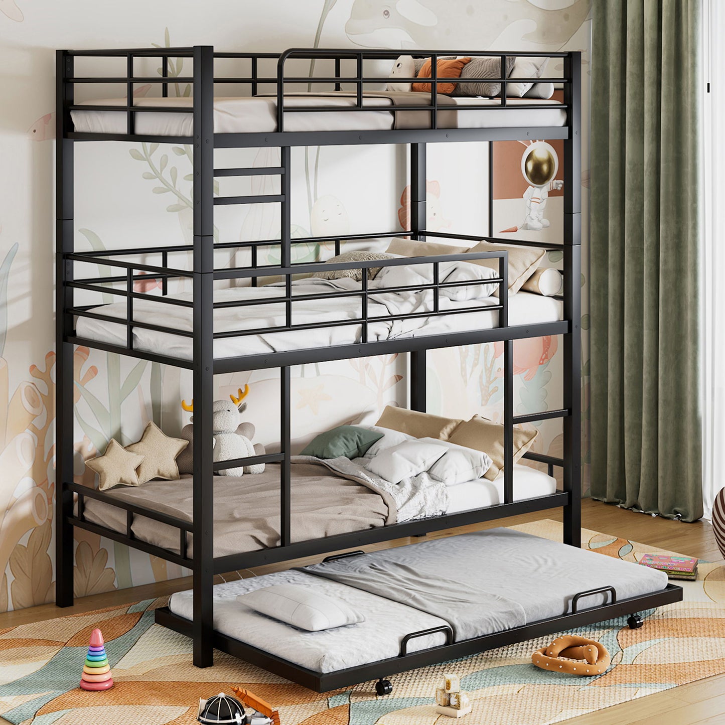 Triple Bunk Bed With Trundle, Heavy Duty Steel Construction - The Sleep Loft - Online Mattress Showroom NYC