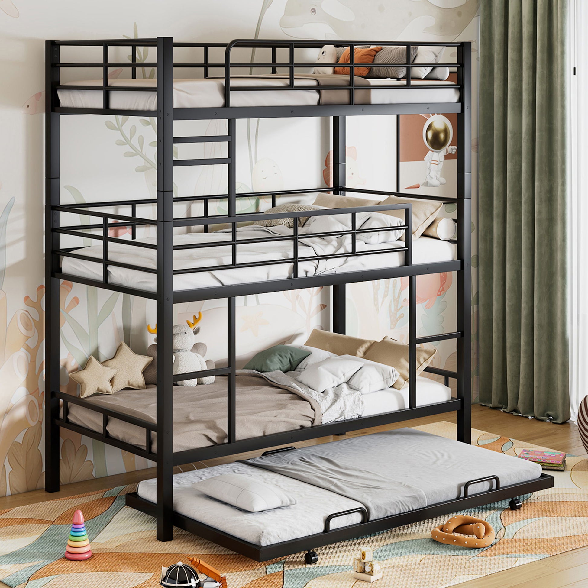 Triple Bunk Bed With Trundle, Heavy Duty Steel Construction - The Sleep Loft - Online Mattress Showroom NYC