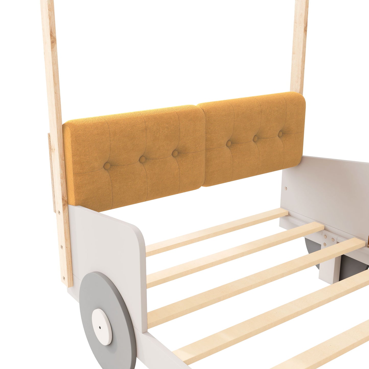 Twin Size Car Bed With Pillow, Ceiling Cloth And LED - Natural - The Sleep Loft - Online Mattress Showroom NYC