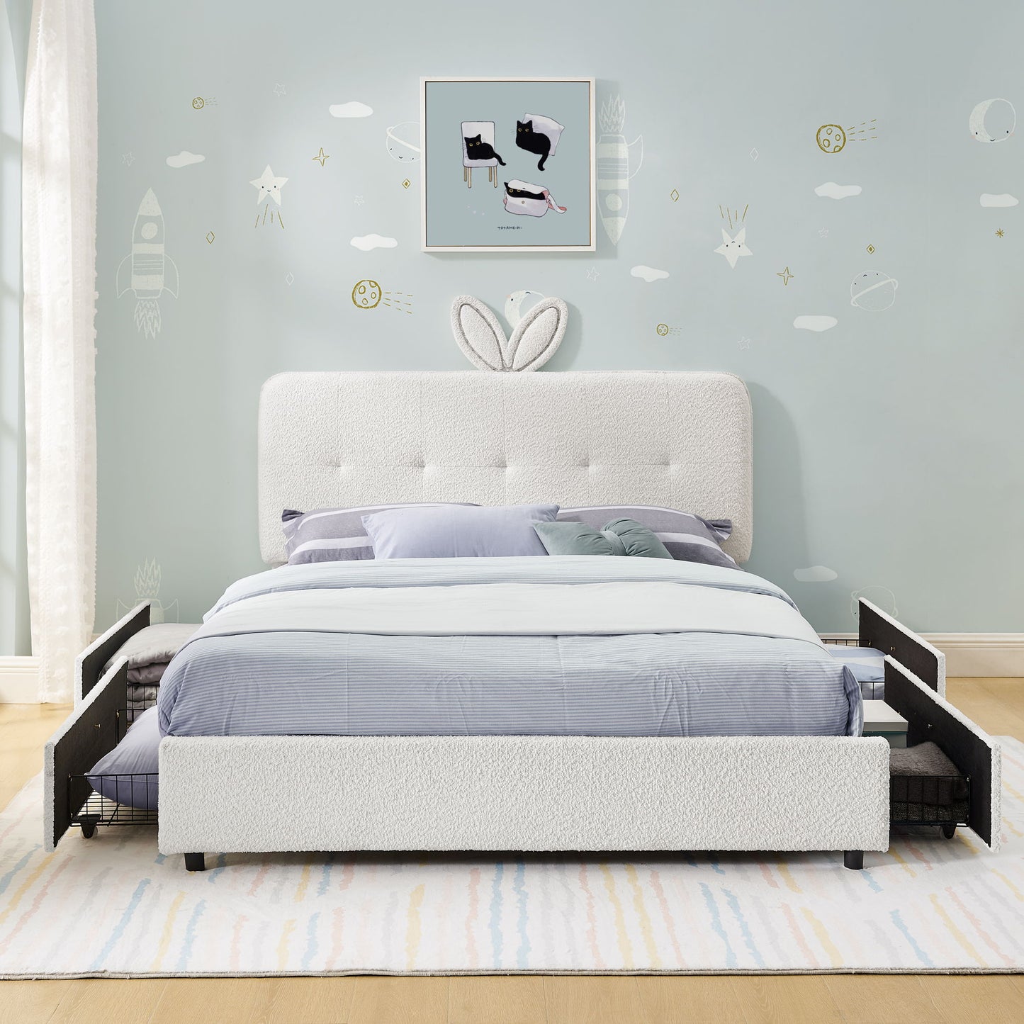 Upholstered Bed With Oversized Rabbit Ear Headboard, LED Lights & 4 Storage Drawers - The Sleep Loft - Online Mattress Showroom NYC