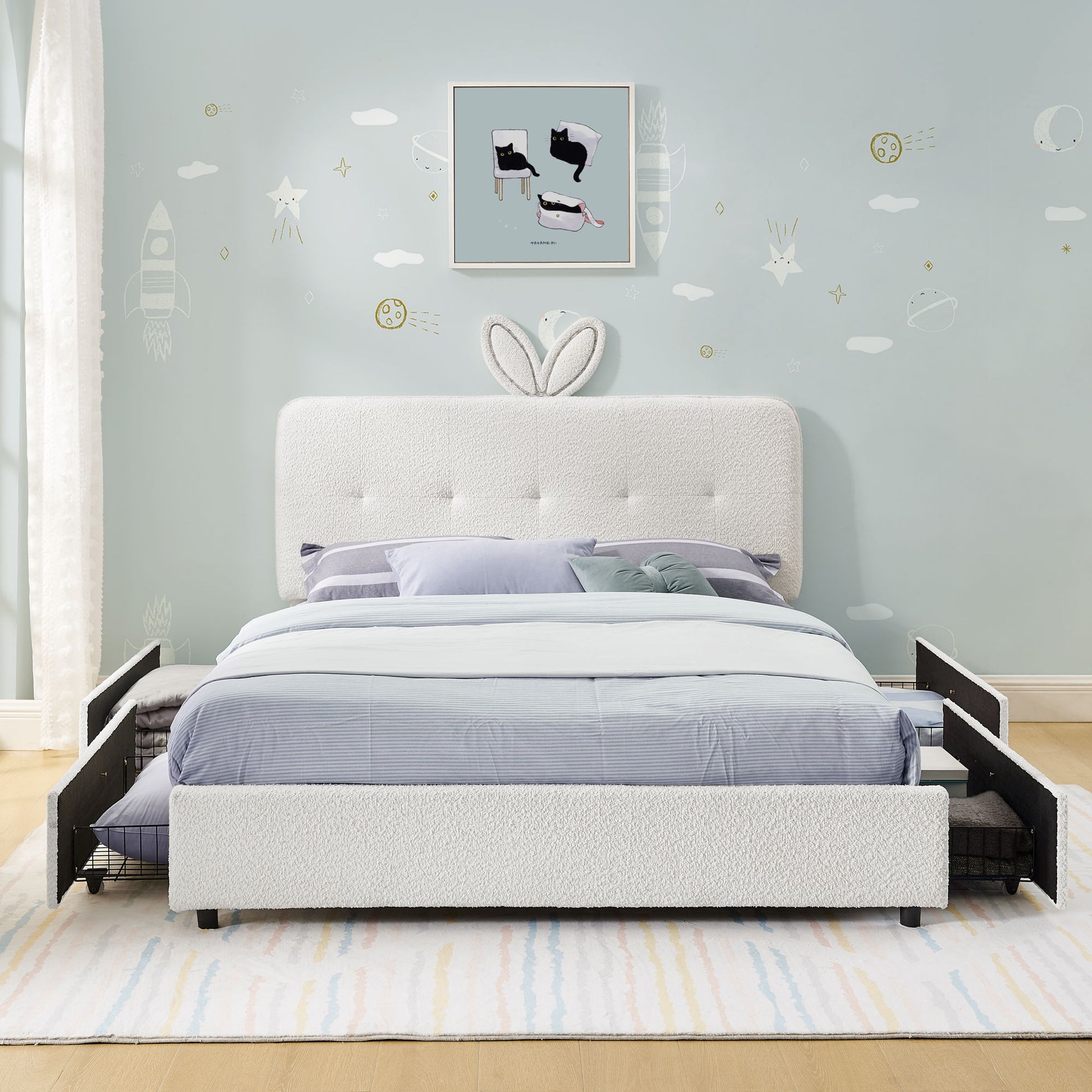 Upholstered Bed With Oversized Rabbit Ear Headboard, LED Lights & 4 Storage Drawers - The Sleep Loft - Online Mattress Showroom NYC
