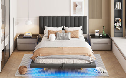 Upholstered Floating Hydrualic Platform Bed With LED Light And USB Port - The Sleep Loft - Online Mattress Showroom NYC