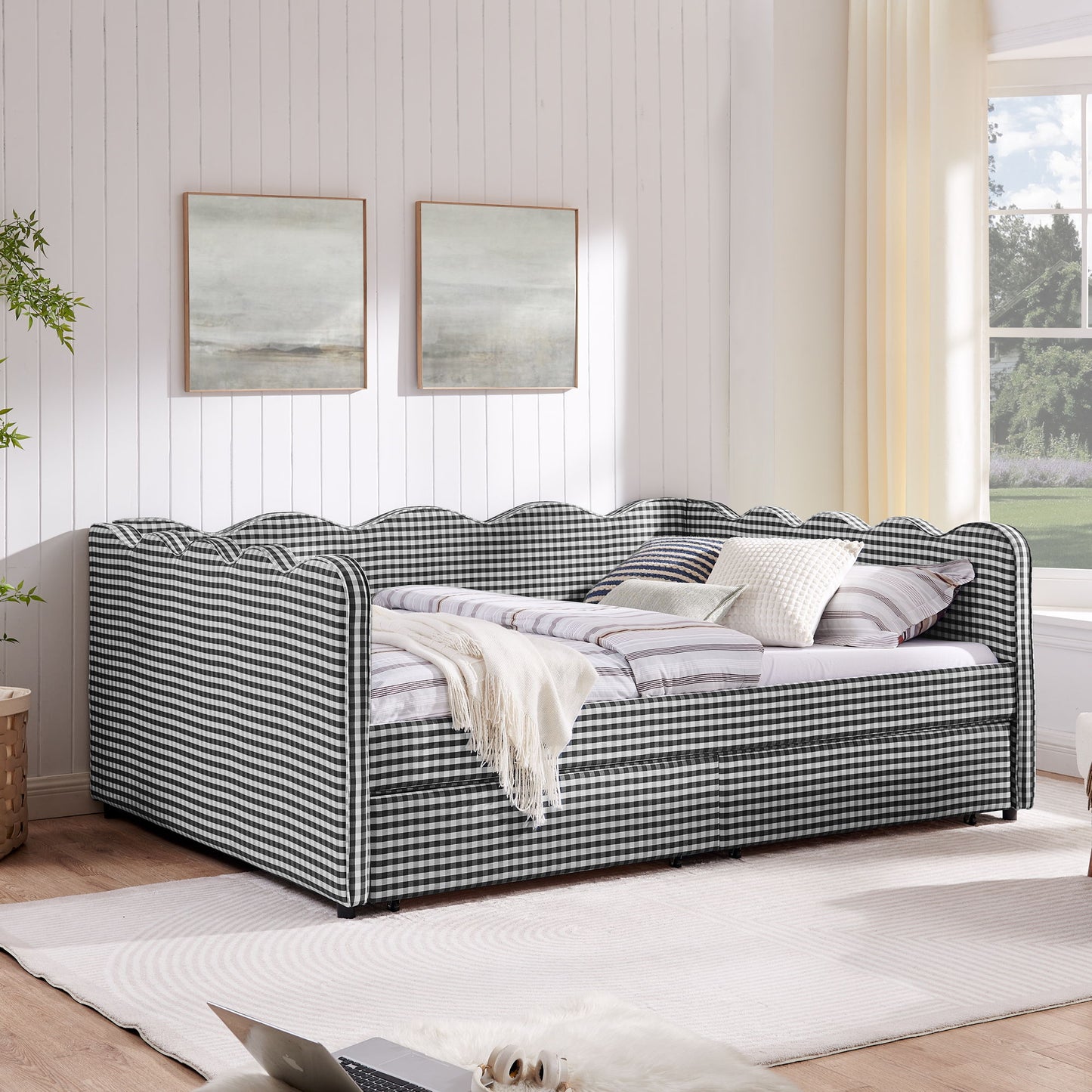 Gingham Daybed With USB Charging Port, Wave-Shaped Design - The Sleep Loft - Online Mattress Showroom NYC