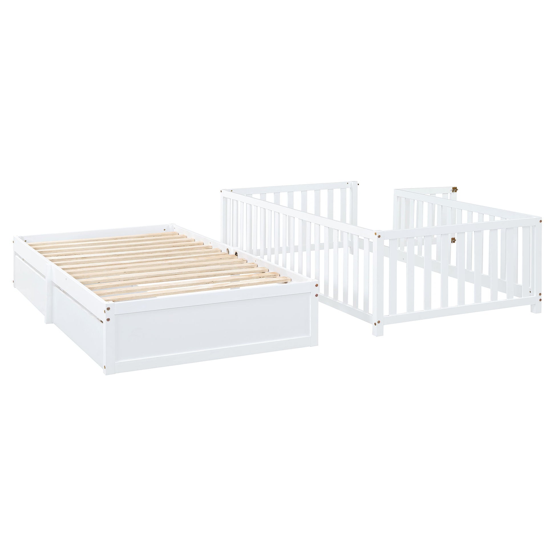Daybed With Fence Guardrails And 2 Drawers, Split Into Independent Floor Bed & Daybed - The Sleep Loft - Online Mattress Showroom NYC