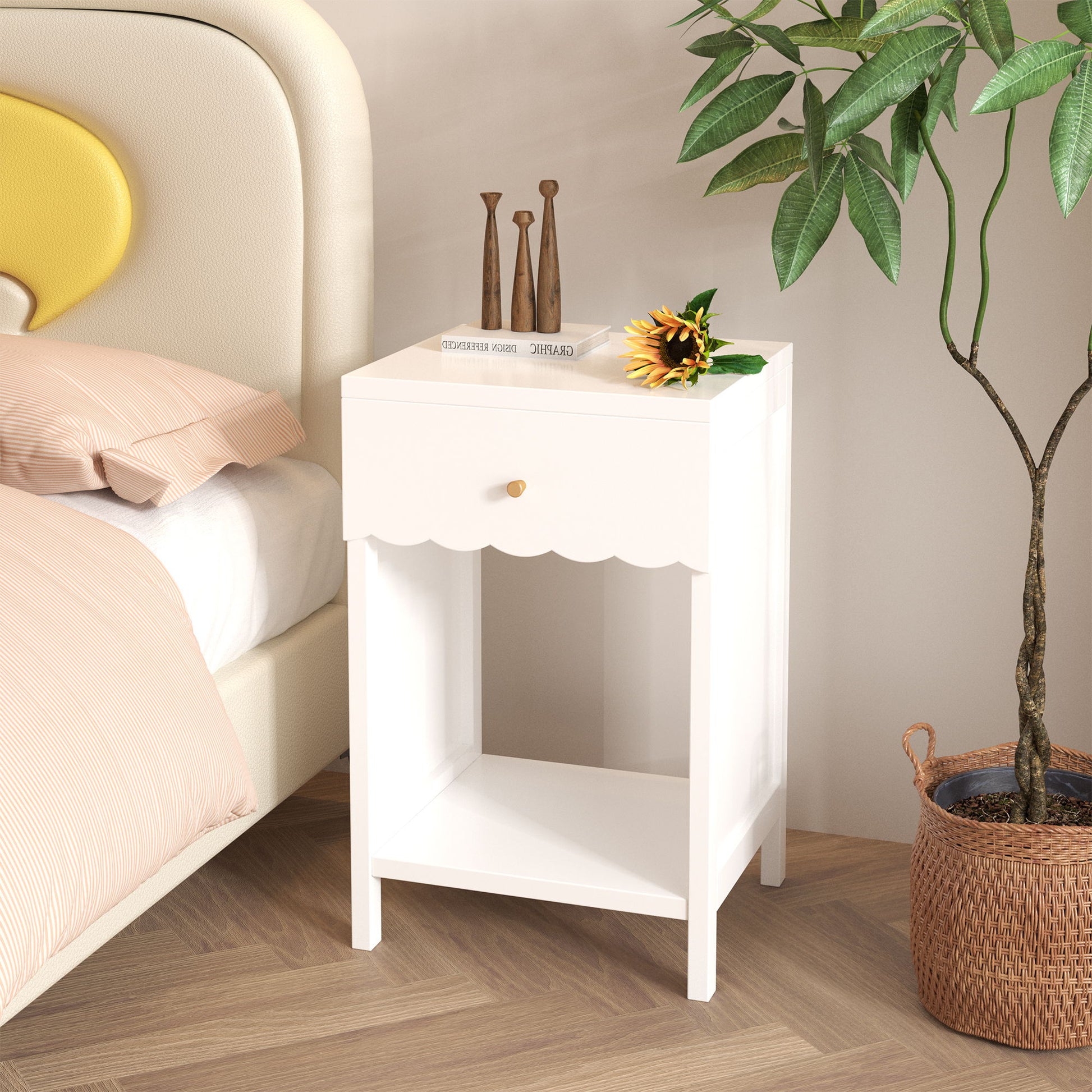 Nightstand With Drawer And Open Shelf, Scalloped Edge Bedside Table - The Sleep Loft - Online Mattress Showroom NYC