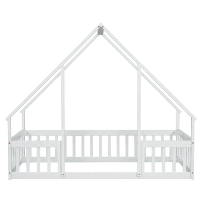 Wood House-Shaped Floor Bed With Fence, Guardrails - The Sleep Loft - Online Mattress Showroom NYC