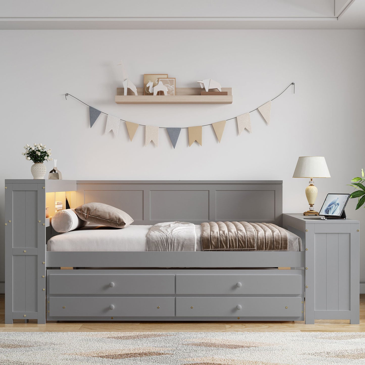 Daybed With Storage Shelves, Drawers, Trundle, Charging Station, LED Light, Desk And Cabinet - The Sleep Loft - Online Mattress Showroom NYC