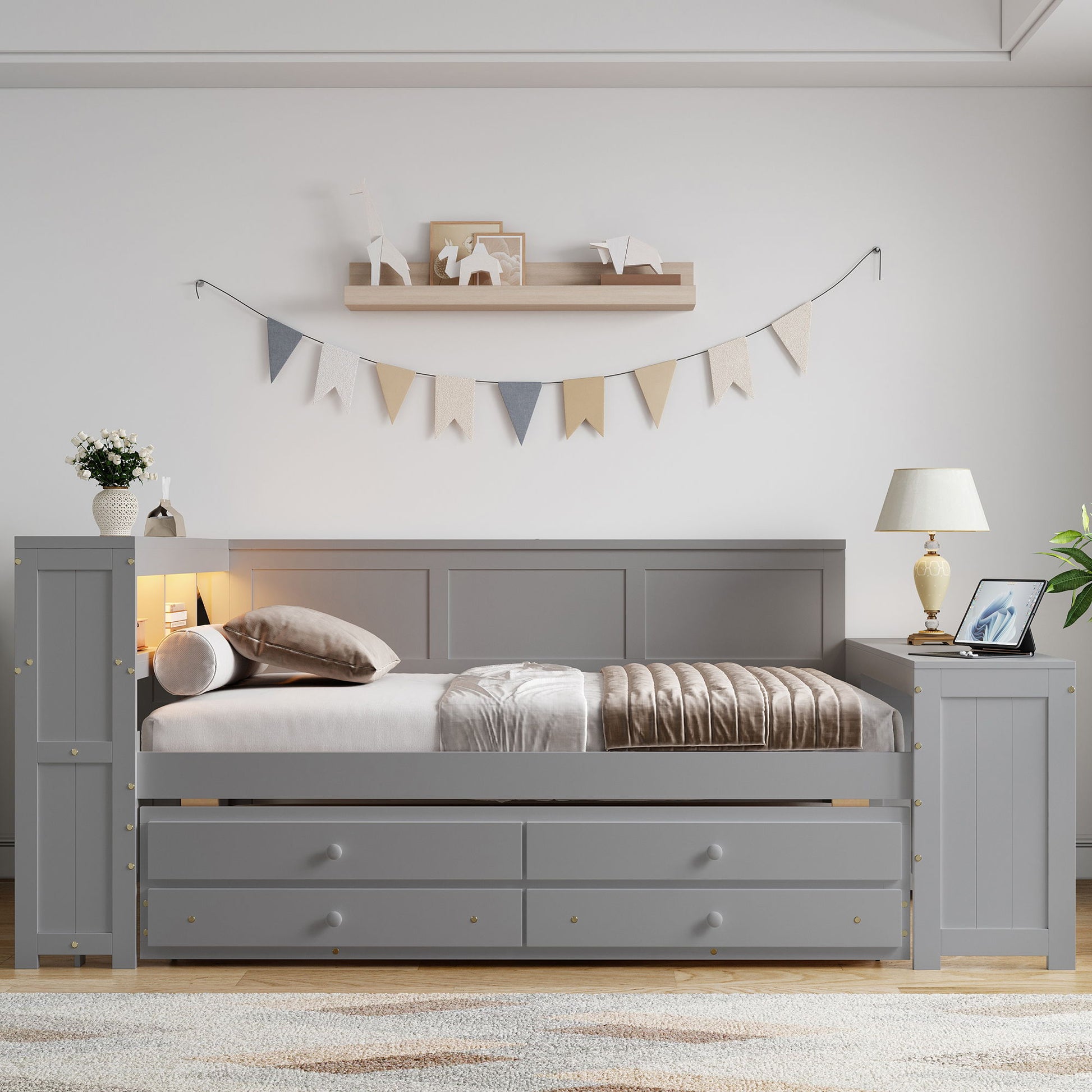 Daybed With Storage Shelves, Drawers, Trundle, Charging Station, LED Light, Desk And Cabinet - The Sleep Loft - Online Mattress Showroom NYC