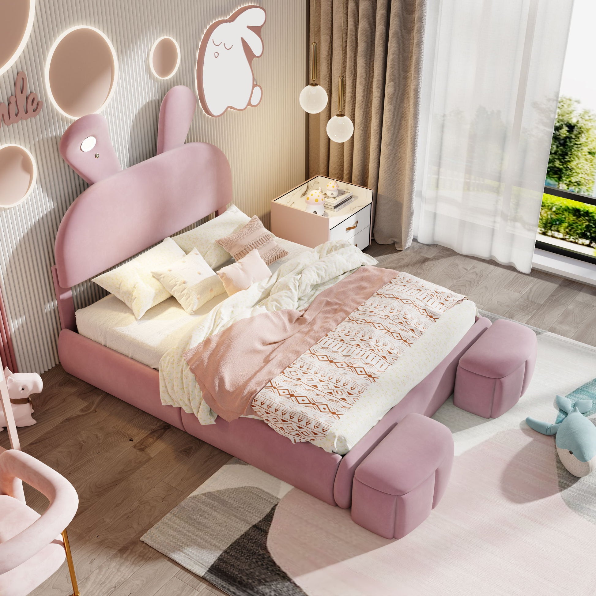 Full Upholstered Platform Bed With Cartoon Ears Headboard And LED Light - Pink - The Sleep Loft - Online Mattress Showroom NYC