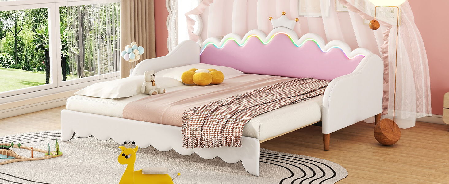Extending Daybed With LED Lights, Modern Upholstered Princess Daybed With Crown Headboard - The Sleep Loft - Online Mattress Showroom NYC