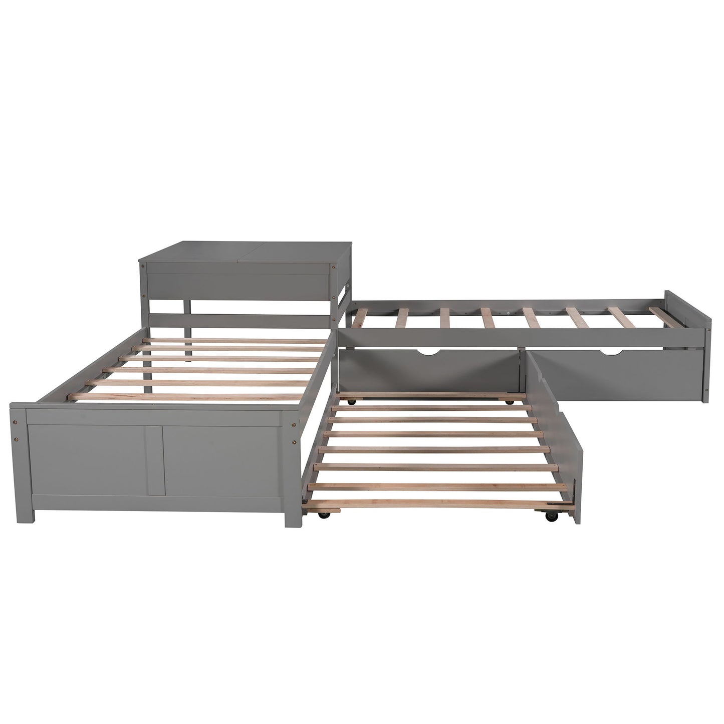 L Shaped Platform Bed With Trundle And Drawers Linked With Built In Desk - The Sleep Loft - Online Mattress Showroom NYC