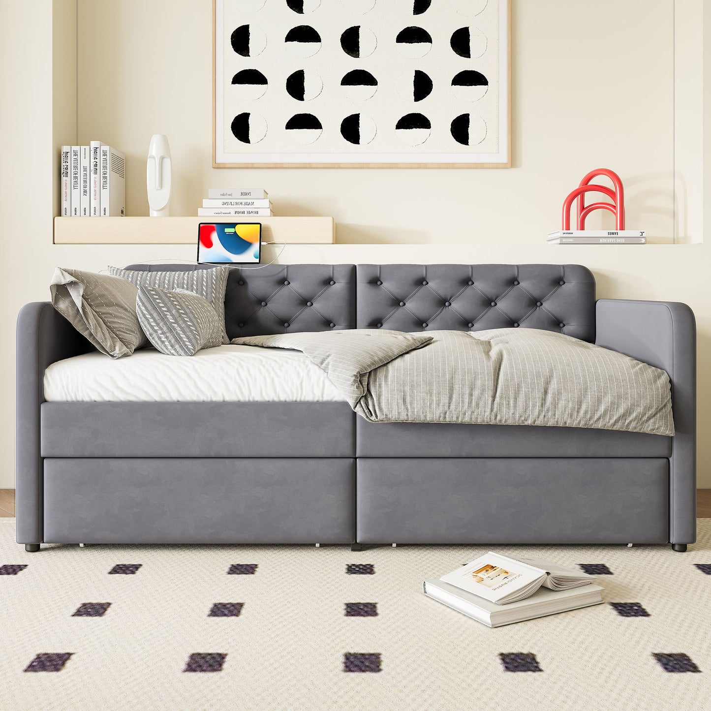 Twin Size Upholstered Daybed With 2 Storage Drawers And USB Charging Design - Gray - The Sleep Loft - Online Mattress Showroom NYC