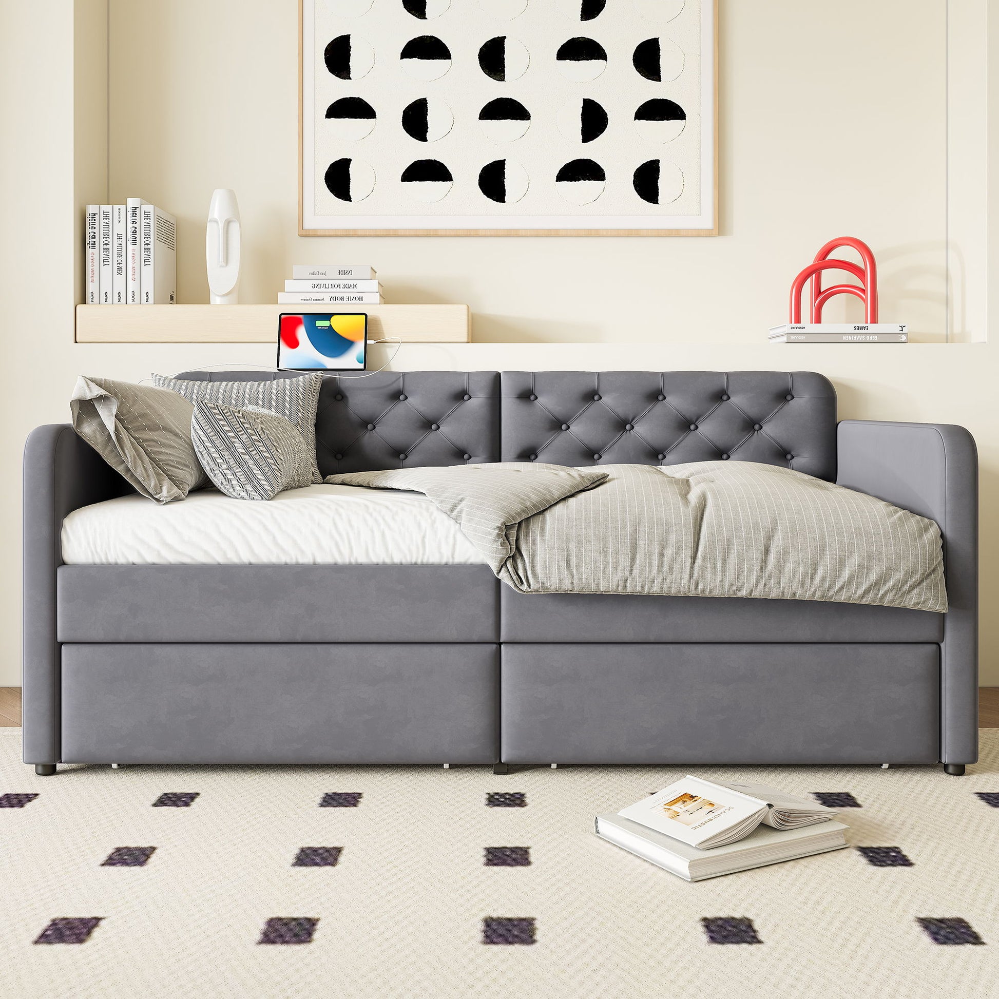 Twin Size Upholstered Daybed With 2 Storage Drawers And USB Charging Design - Gray - The Sleep Loft - Online Mattress Showroom NYC