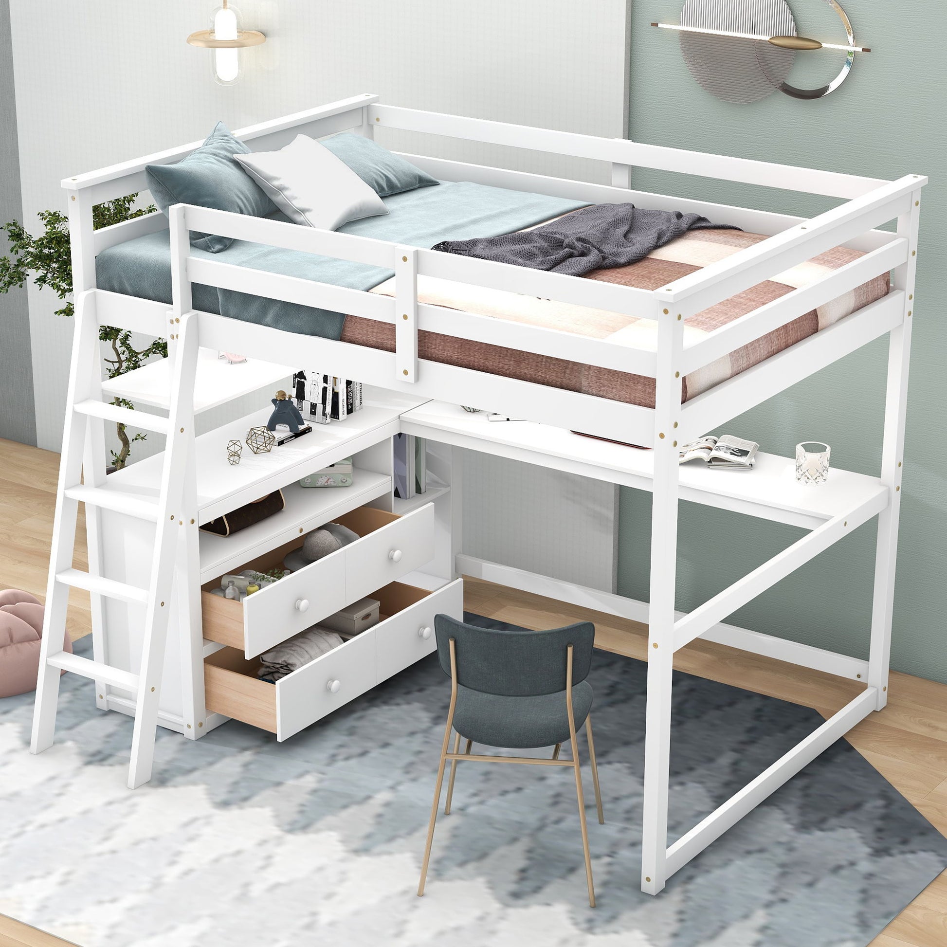 Modern Loft Bed With Built In Desk, Shelves, And 2 Drawers - The Sleep Loft - Online Mattress Showroom NYC