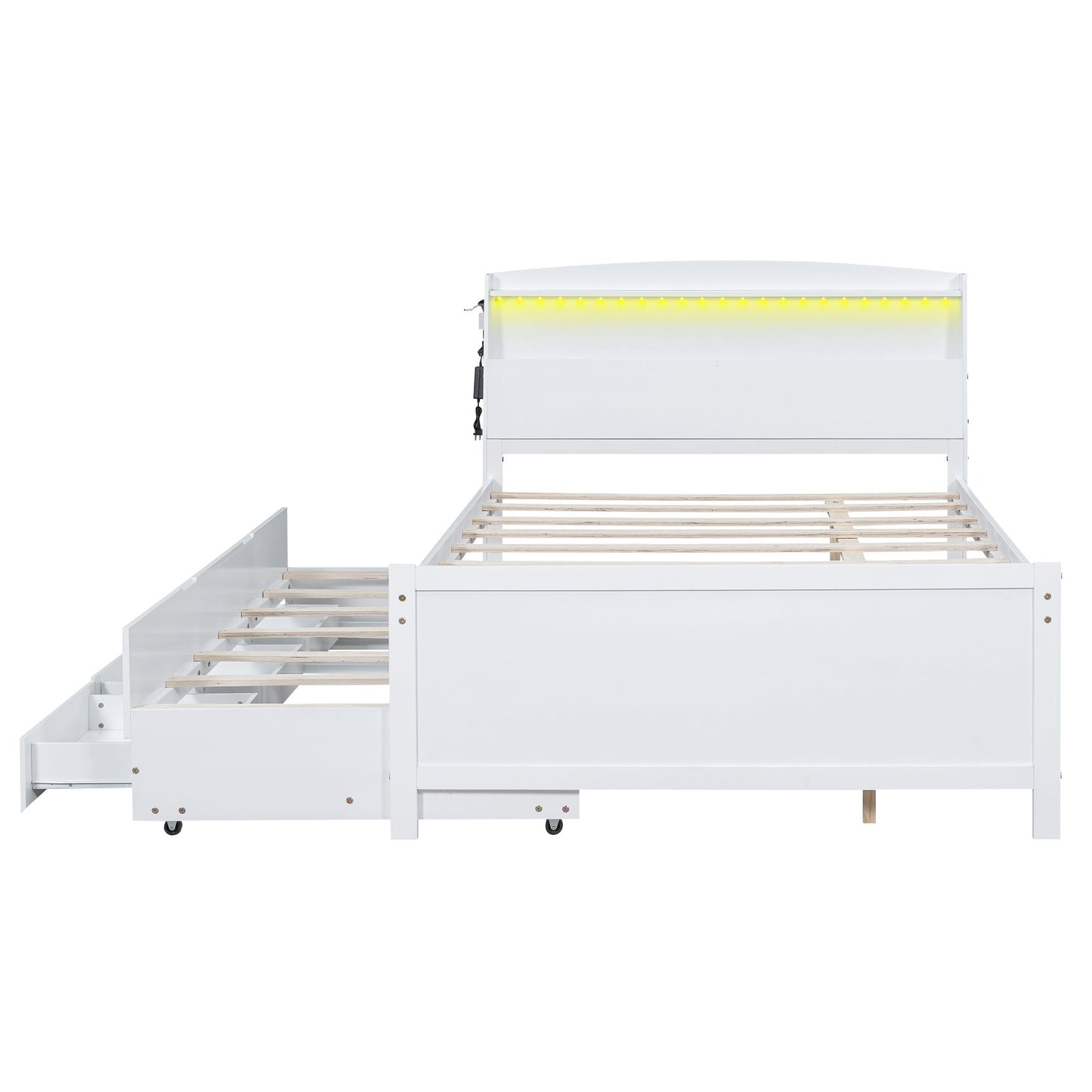 Full Size Platform Bed With Storage LED Headboard, Twin Trundle And 3 Drawers - White - The Sleep Loft - Online Mattress Showroom NYC