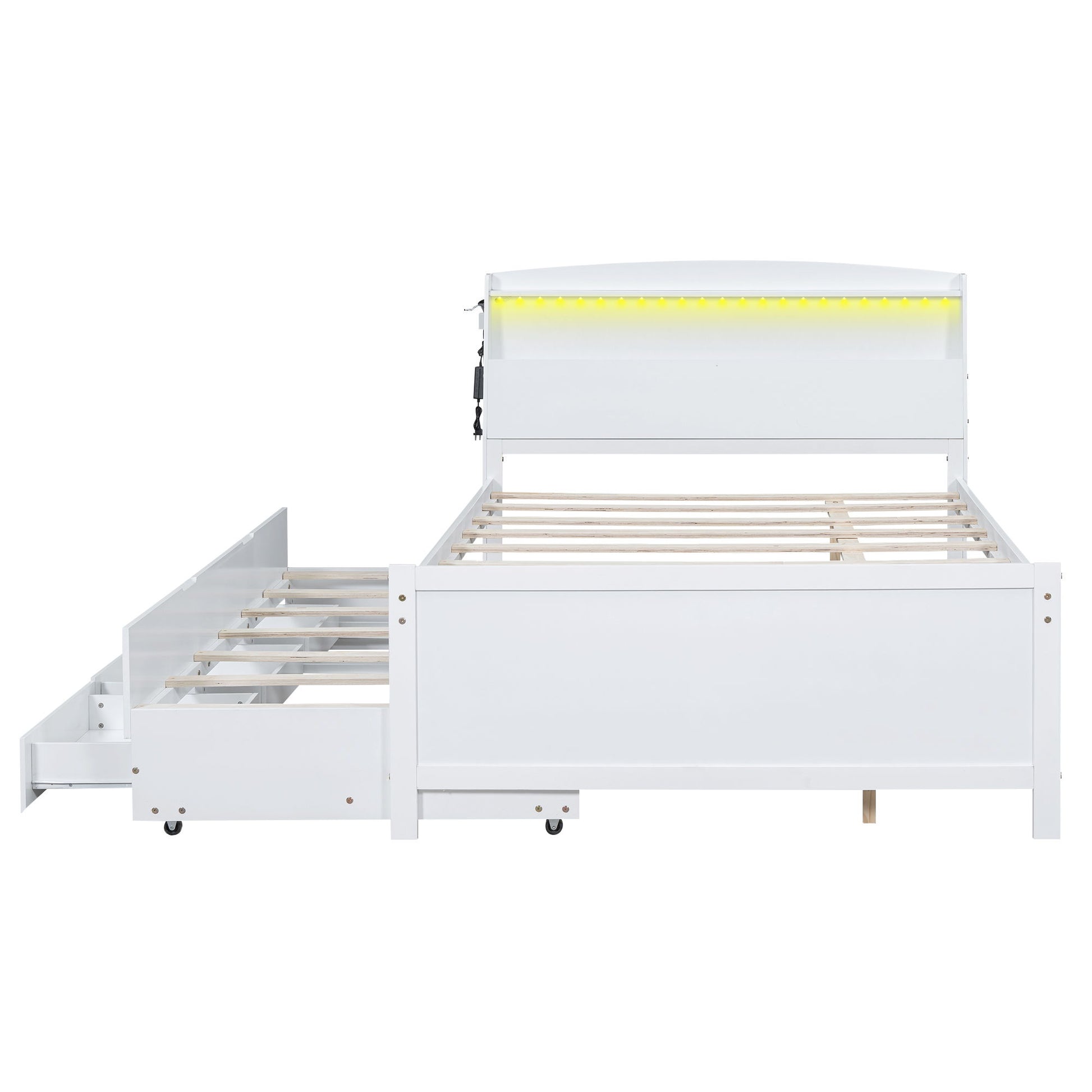 Full Size Platform Bed With Storage LED Headboard, Twin Trundle And 3 Drawers - White - The Sleep Loft - Online Mattress Showroom NYC