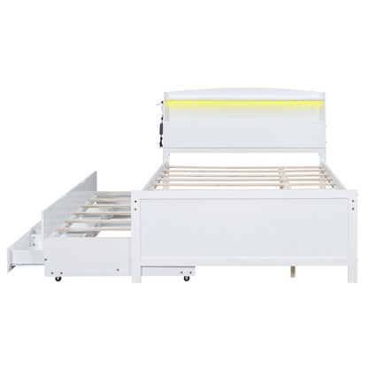 Full Size Platform Bed With Storage LED Headboard, Twin Trundle And 3 Drawers - White - The Sleep Loft - Online Mattress Showroom NYC
