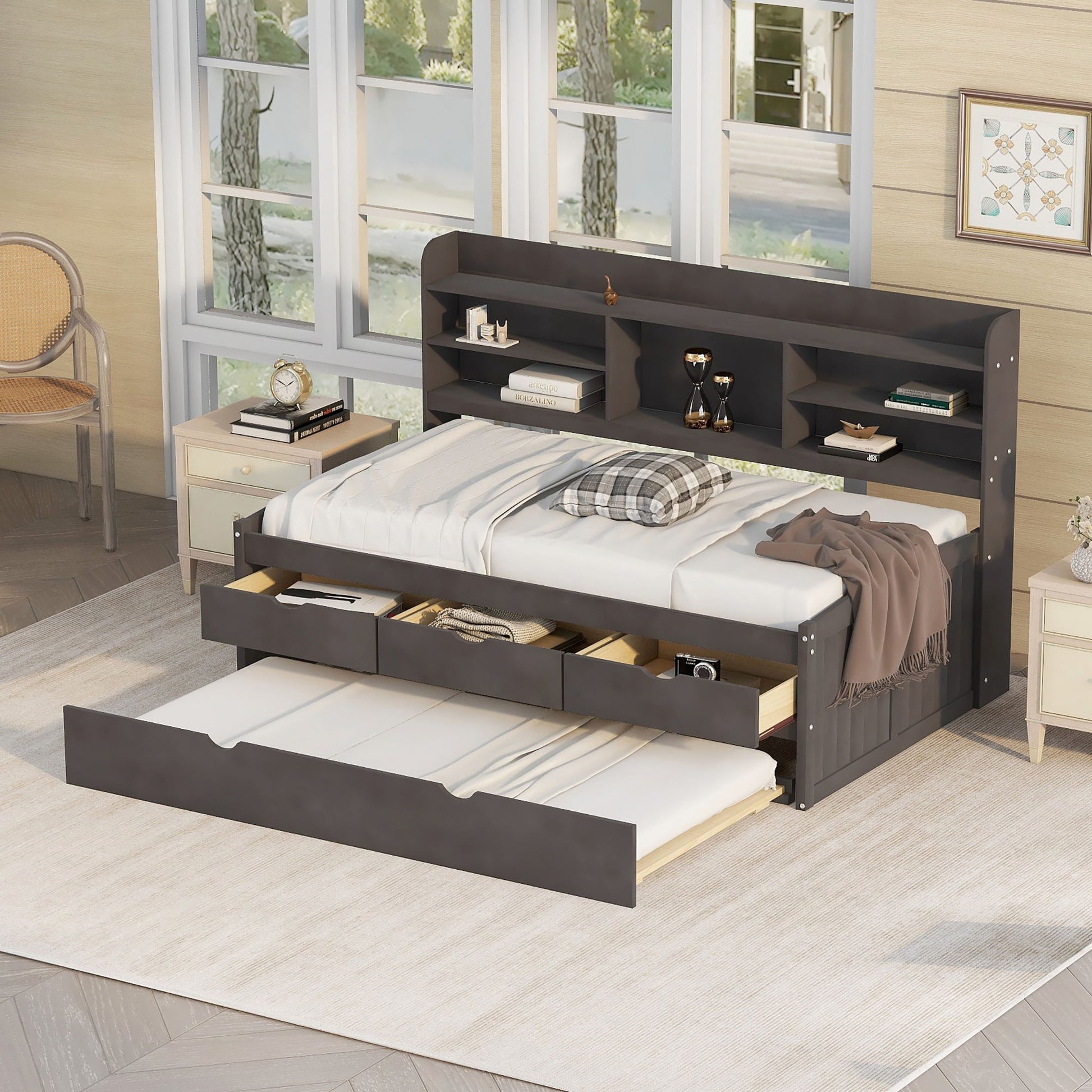 Captain Bed With Built In Bookshelves, 3 Storage Drawers, And Trundle - The Sleep Loft - Online Mattress Showroom NYC