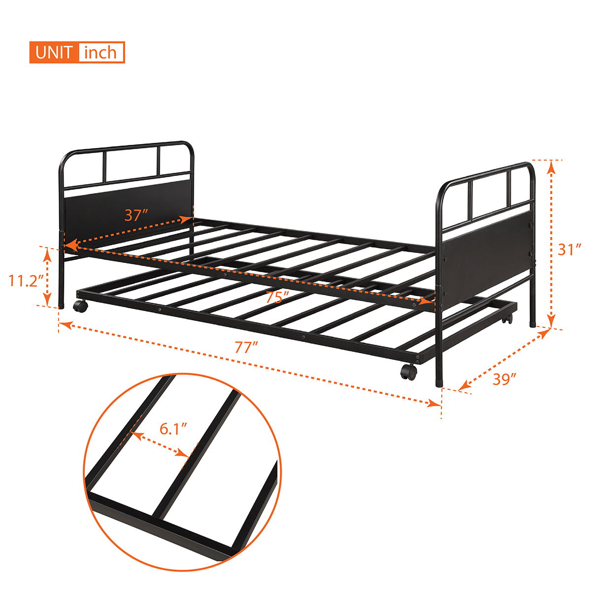 Twin Size Daybed Platform Bed Frame With Trundle Built In Casters - Black - The Sleep Loft - Online Mattress Showroom NYC