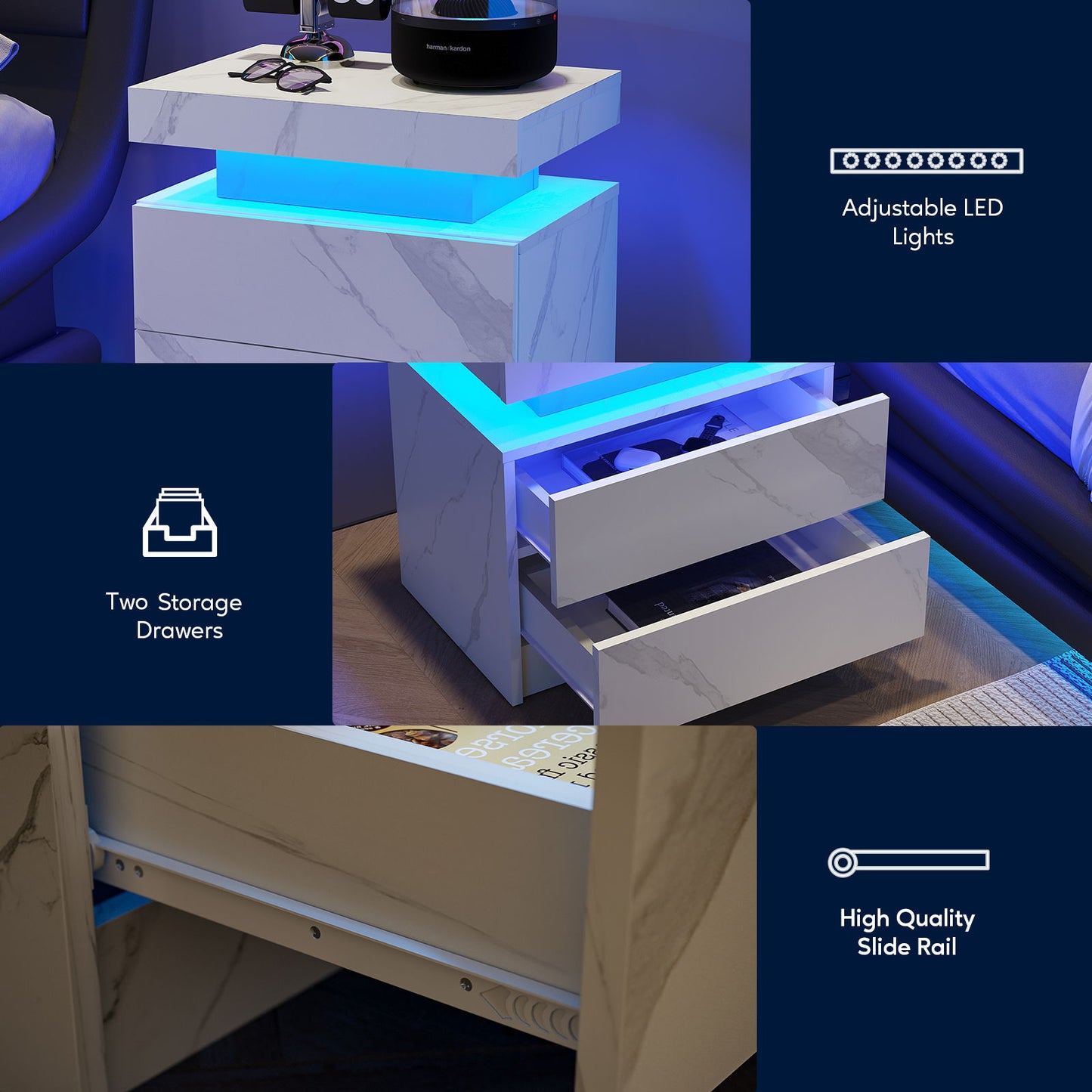 Nightstand LED, Bedside Table Cabinet With 2 Drawers For Bedroom - The Sleep Loft - Online Mattress Showroom NYC