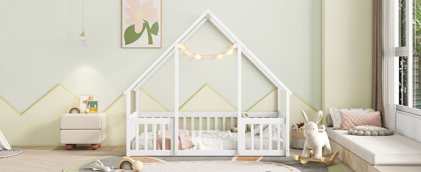Wood House-Shaped Floor Bed With Fence, Guardrails - The Sleep Loft - Online Mattress Showroom NYC