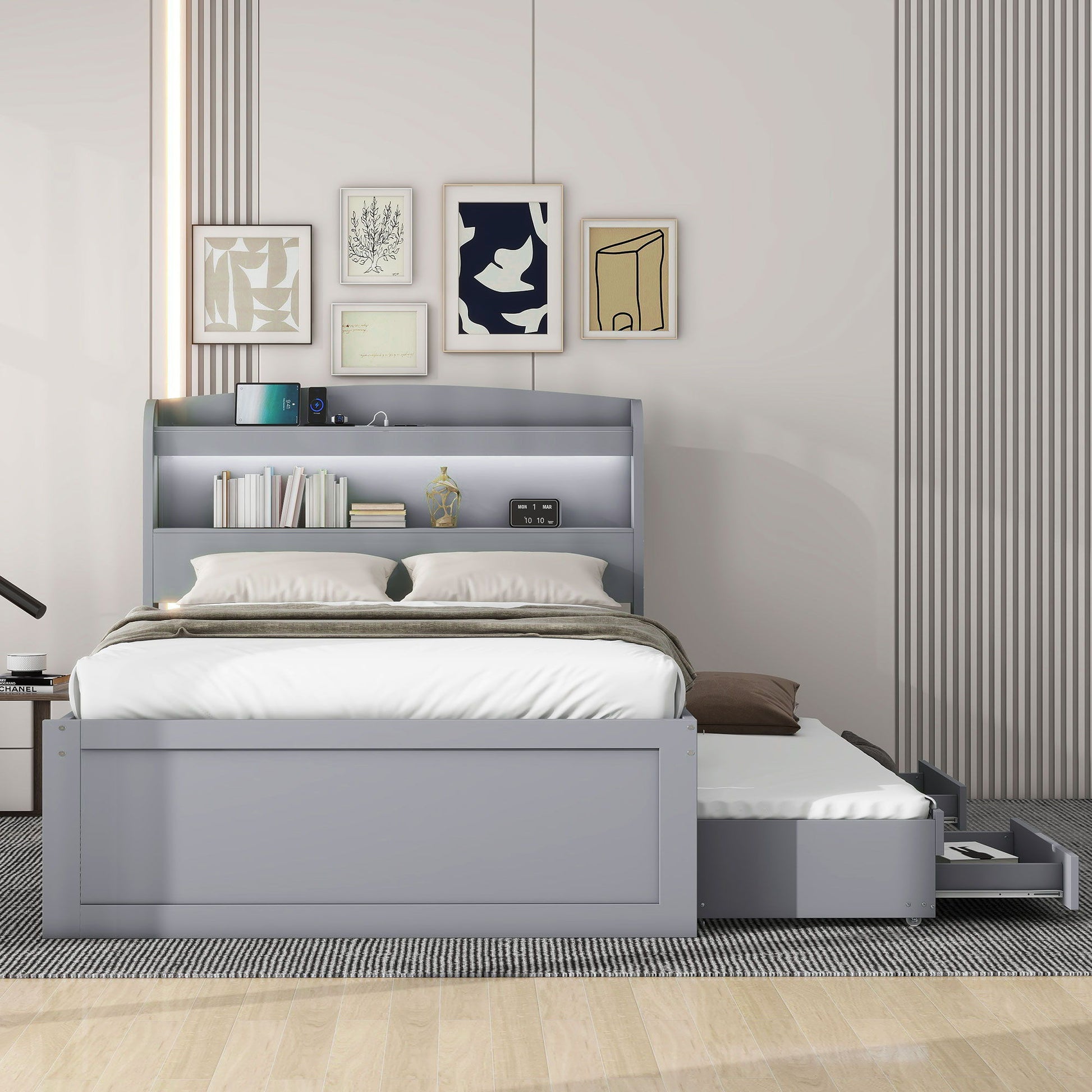 Platform Bed With LED Headboard, Charging Station, Trundle And 2 Drawers - The Sleep Loft - Online Mattress Showroom NYC