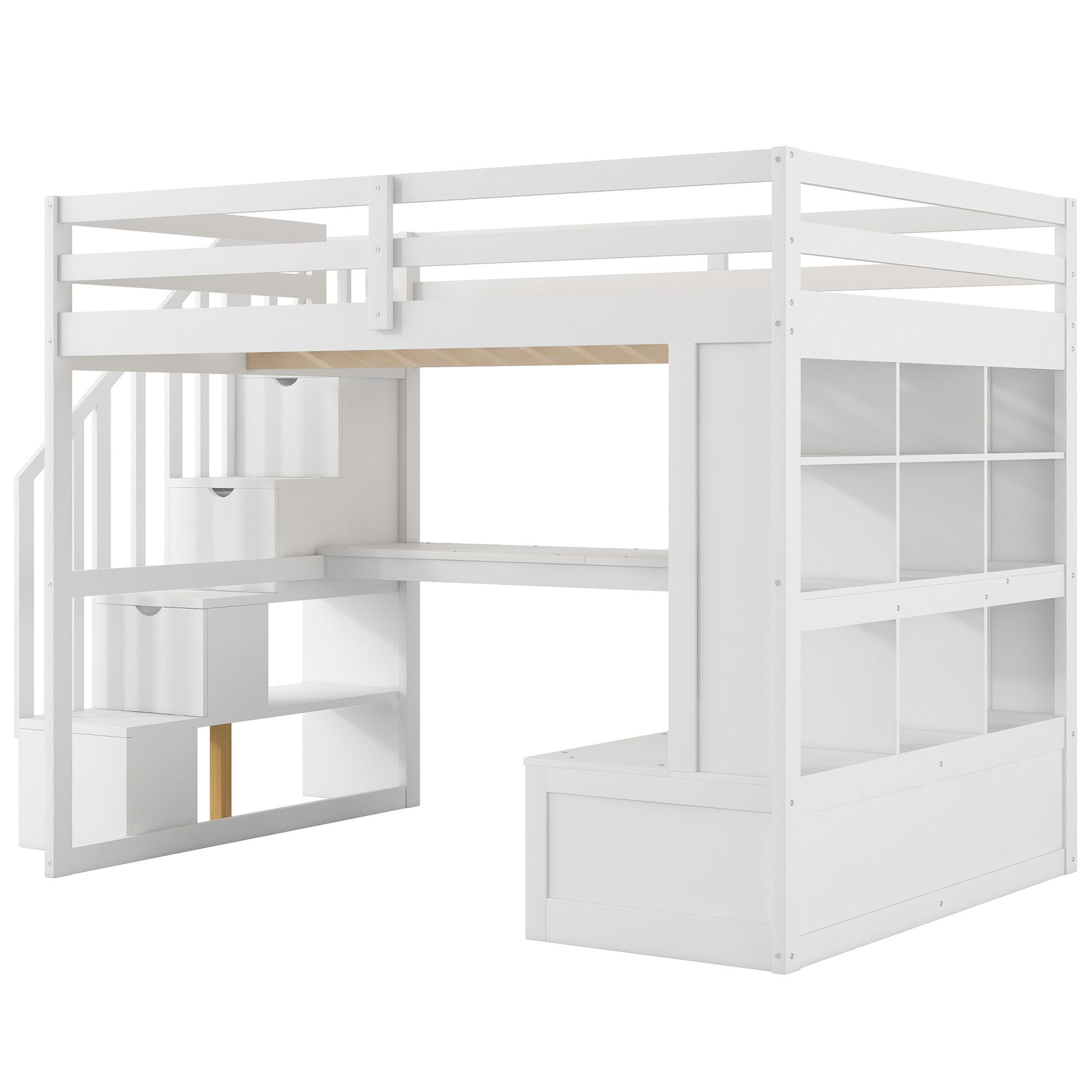 Full Size Loft Bed With Desk And Shelves, 2 Built In Drawers, Storage Staircase - White - The Sleep Loft - Online Mattress Showroom NYC