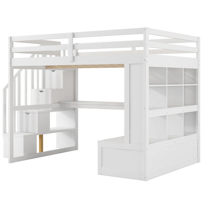 Full Size Loft Bed With Desk And Shelves, 2 Built In Drawers, Storage Staircase - White - The Sleep Loft - Online Mattress Showroom NYC