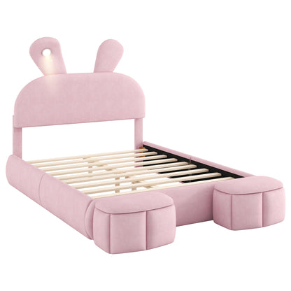 Full Upholstered Platform Bed With Cartoon Ears Headboard And LED Light - Pink - The Sleep Loft - Online Mattress Showroom NYC