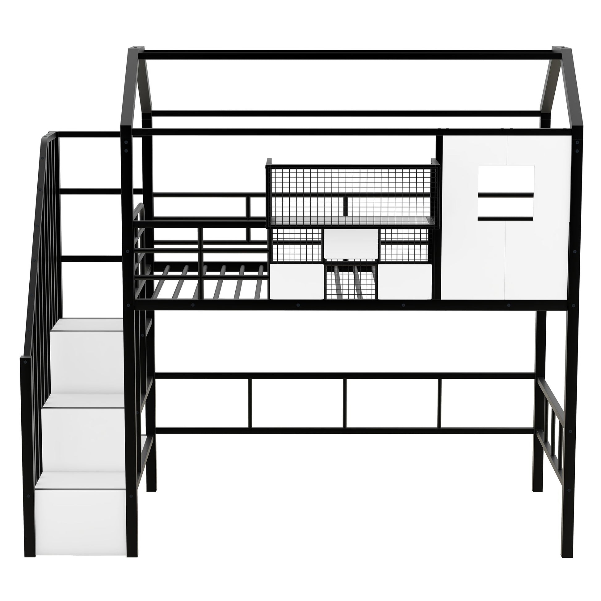 Metal Loft Bed With Roof Design And Storage Box With Guardrails And Integrated Ladder - The Sleep Loft - Online Mattress Showroom NYC