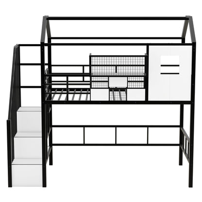 Metal Loft Bed With Roof Design And Storage Box With Guardrails And Integrated Ladder - The Sleep Loft - Online Mattress Showroom NYC