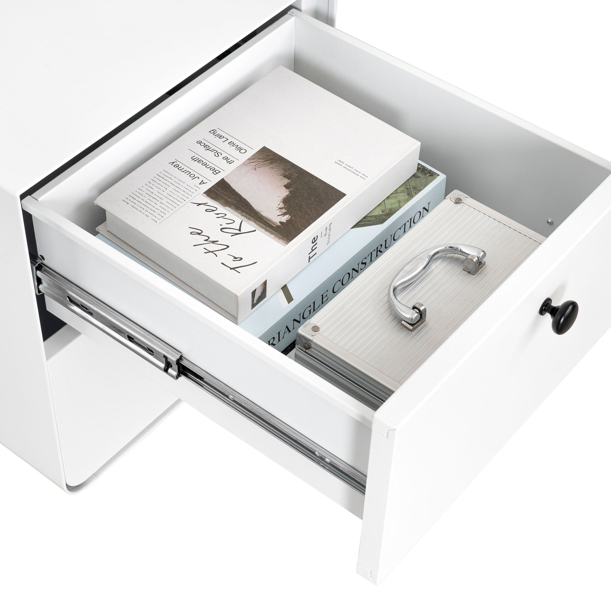 Modern Night Stand Storage Cabinet For Living Room Bedroom, Steel Cabinet With 2 Drawers, Bedside Furniture, Circular Handle - White - The Sleep Loft - Online Mattress Showroom NYC