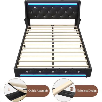 Wingback Upholstered Bed Frame With LED Lights, Charging Station - The Sleep Loft - Online Mattress Showroom NYC