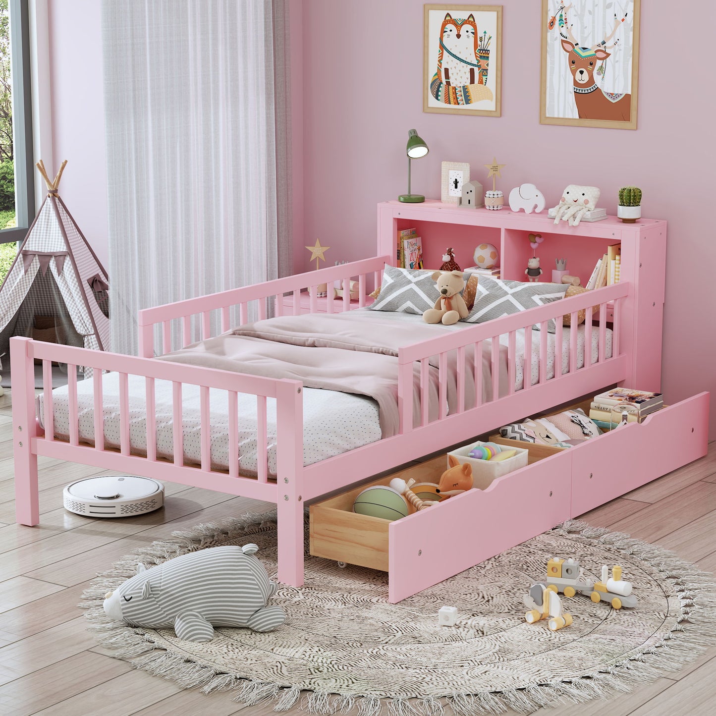 Bed With Headboard Storage Rack, 2 Under Bed Drawers, 3 Side Guardrails For Safety - The Sleep Loft - Online Mattress Showroom NYC