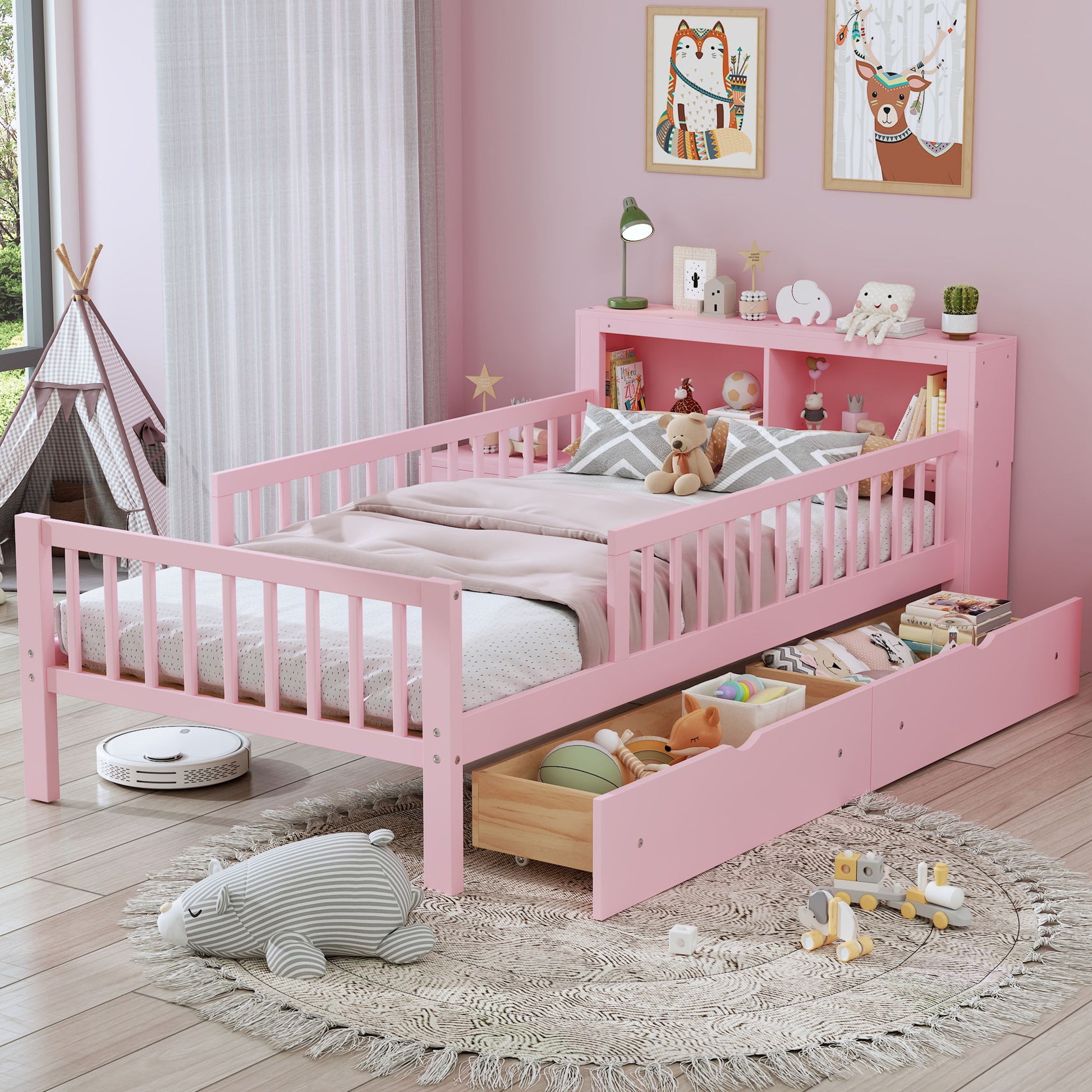 Bed With Headboard Storage Rack, 2 Under Bed Drawers, 3 Side Guardrails For Safety - The Sleep Loft - Online Mattress Showroom NYC