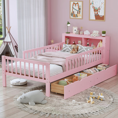 Bed With Headboard Storage Rack, 2 Under Bed Drawers, 3 Side Guardrails For Safety - The Sleep Loft - Online Mattress Showroom NYC