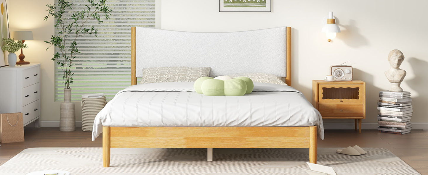 Queen Size Rubber Wooden, Solid Wooden Bed With Teddy Velvet Cushion Upholstered Headboard, Enhanced By Support Feet - Natural - The Sleep Loft - Online Mattress Showroom NYC
