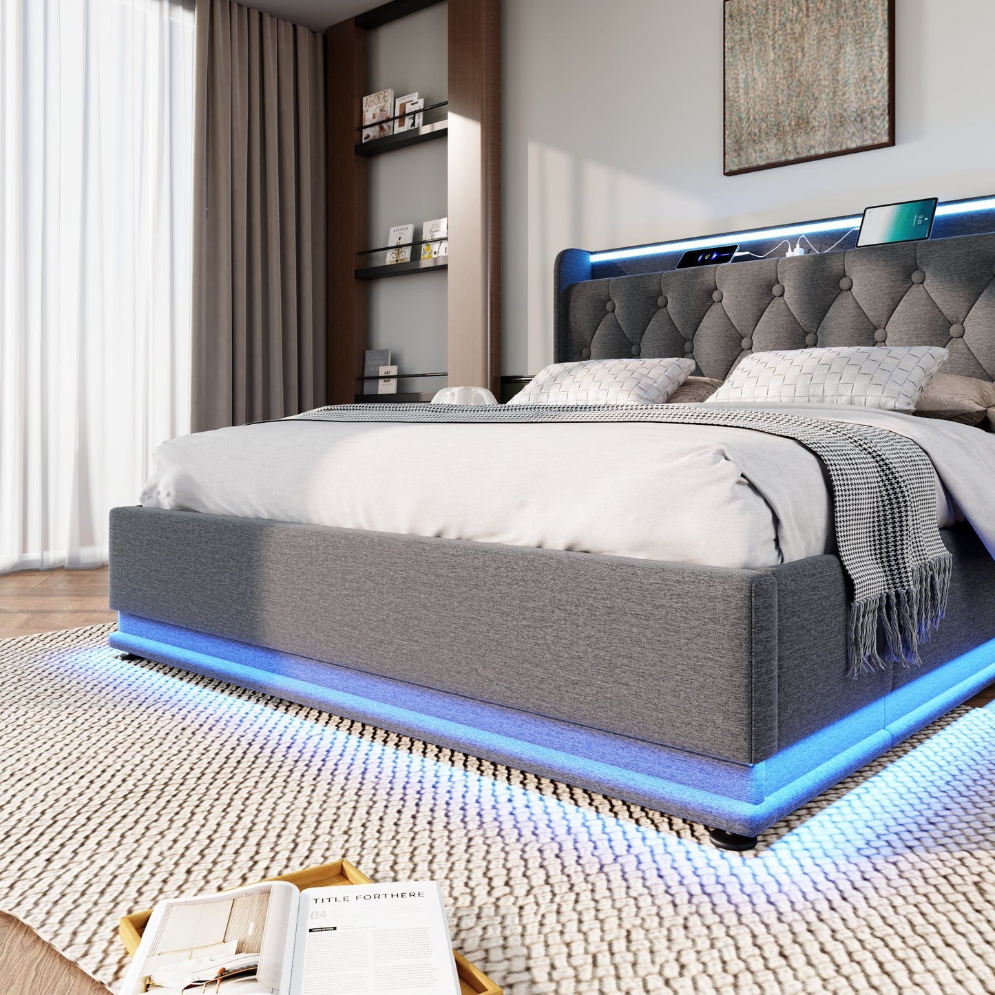 Upholstered Bed, 360 Surround LED Function, Remote Control, Hydraulic Storage Bed With USB, Type-C Charging (Without Mattress) - The Sleep Loft - Online Mattress Showroom NYC