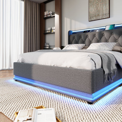 Upholstered Bed, 360 Surround LED Function, Remote Control, Hydraulic Storage Bed With USB, Type-C Charging (Without Mattress) - The Sleep Loft - Online Mattress Showroom NYC